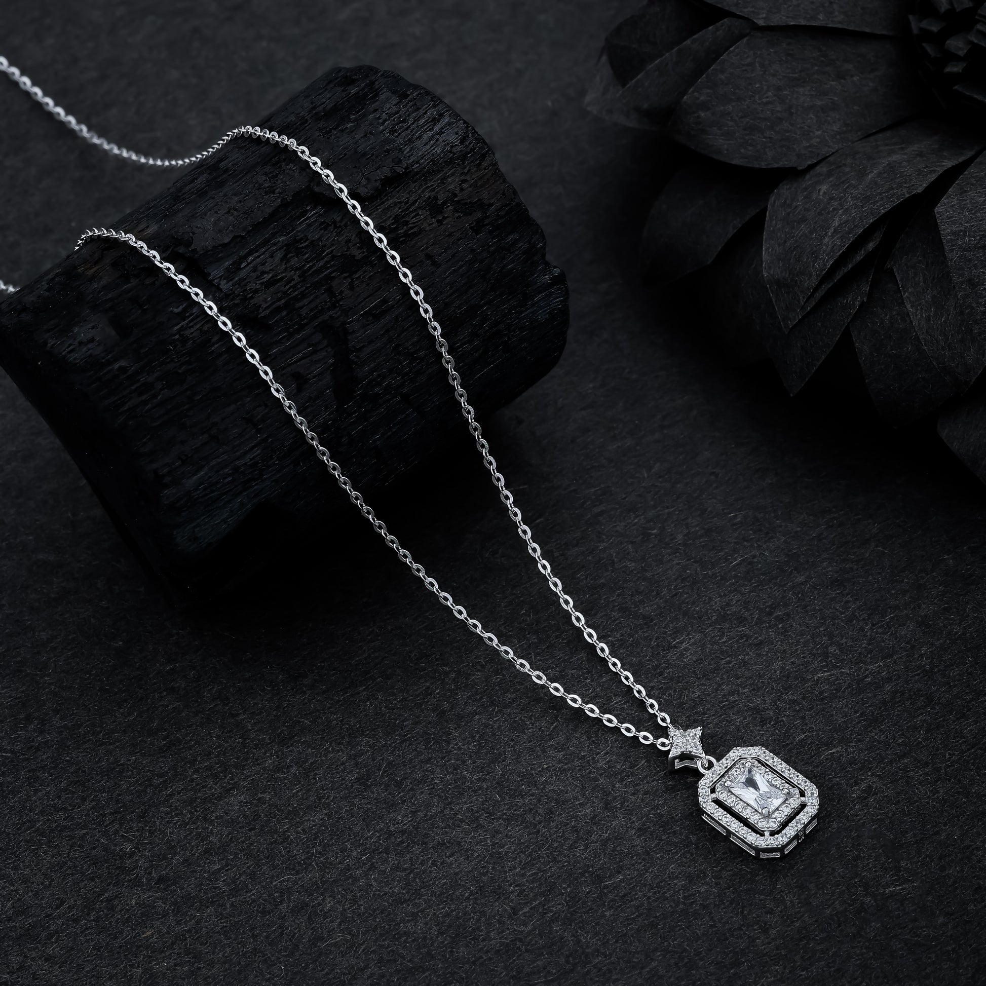 Silver Rectangle Diamond Chain Necklace