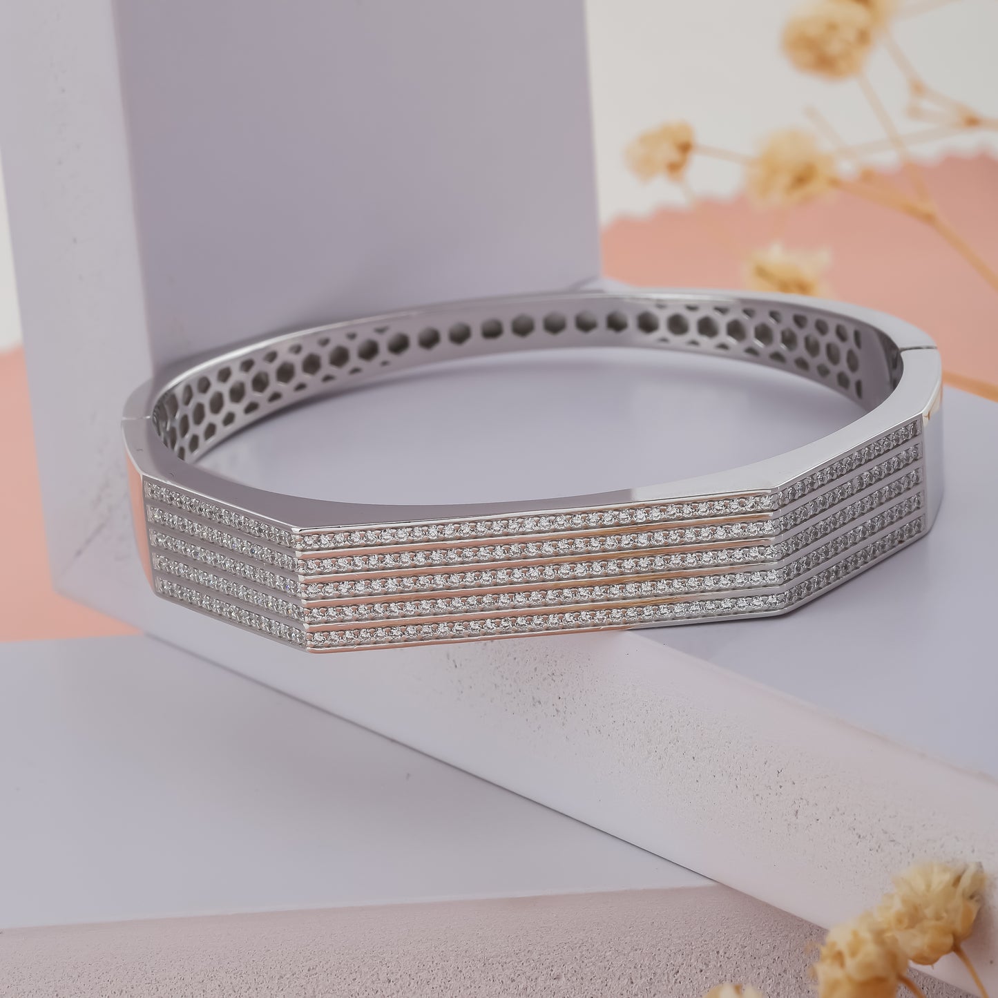 Hexagon Shape Silver Cuff Bangle Bracelet