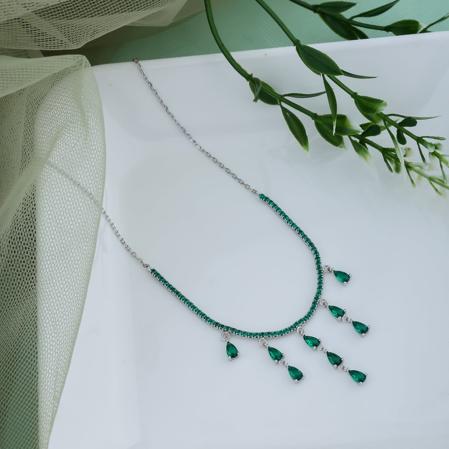 Silver Green Drop Diamond Chain Necklace