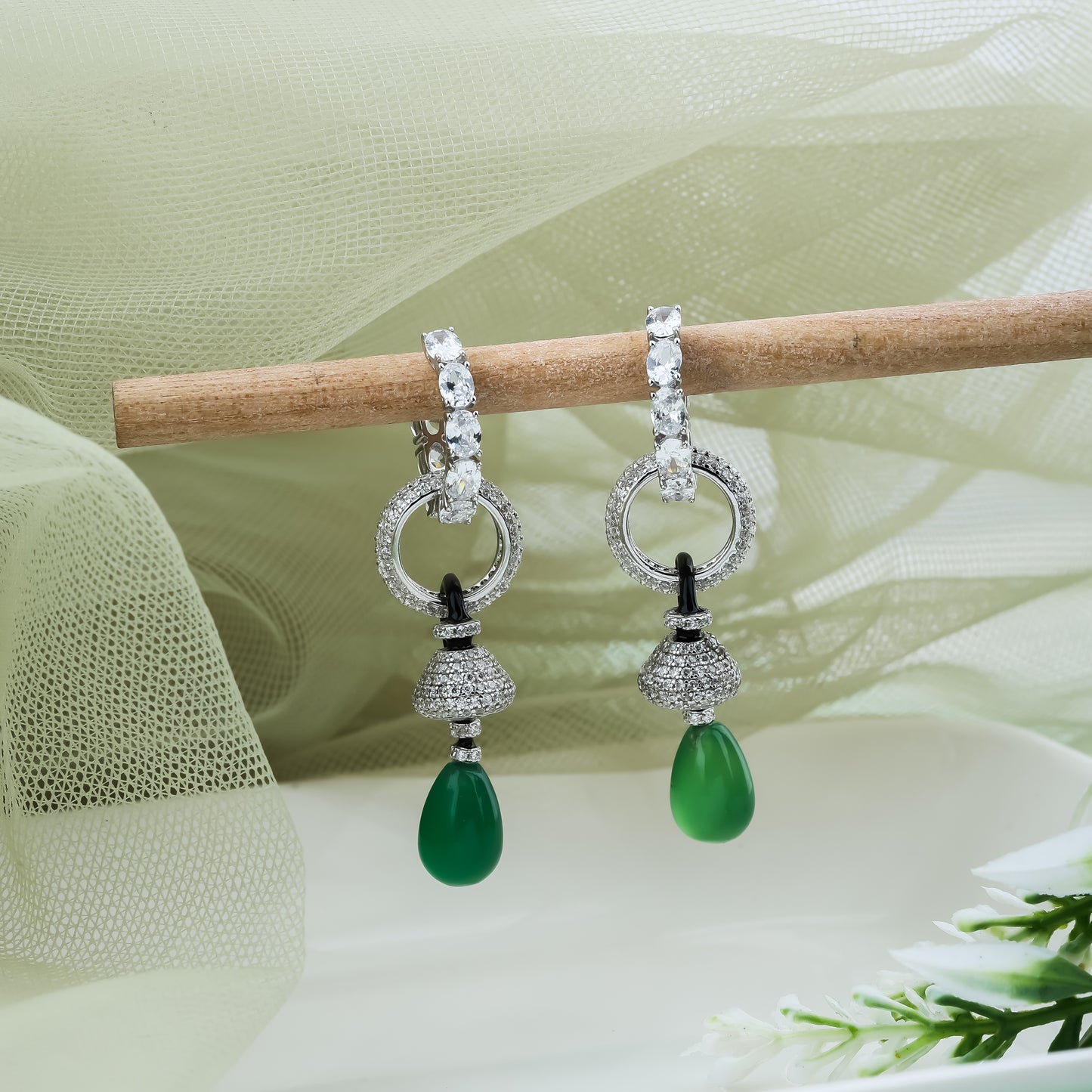 Green Bead Drop Diamond Earring