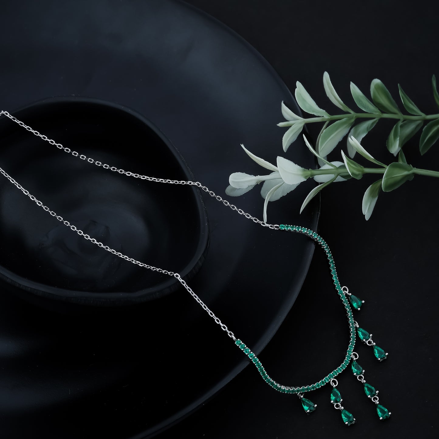 Silver Green  Drop Diamond Chain Necklace